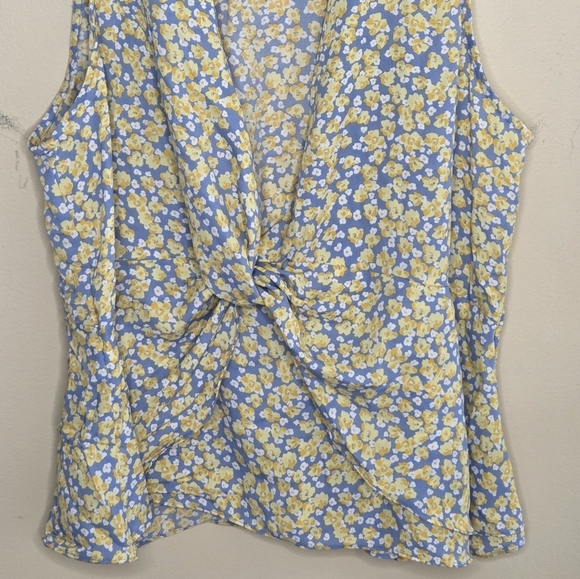 Pleione | Blue & Yellow Floral Twist Front Deep V-neck Tank Blouse Size XL - Picture 3 of 7